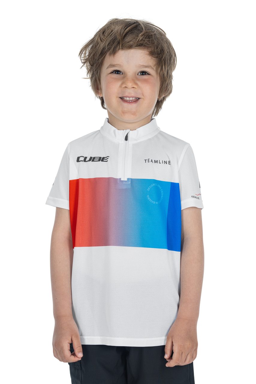 Cube Teamline Rookie Kinder Fahrrad Trikot kurz weiß/blau/rot 2026