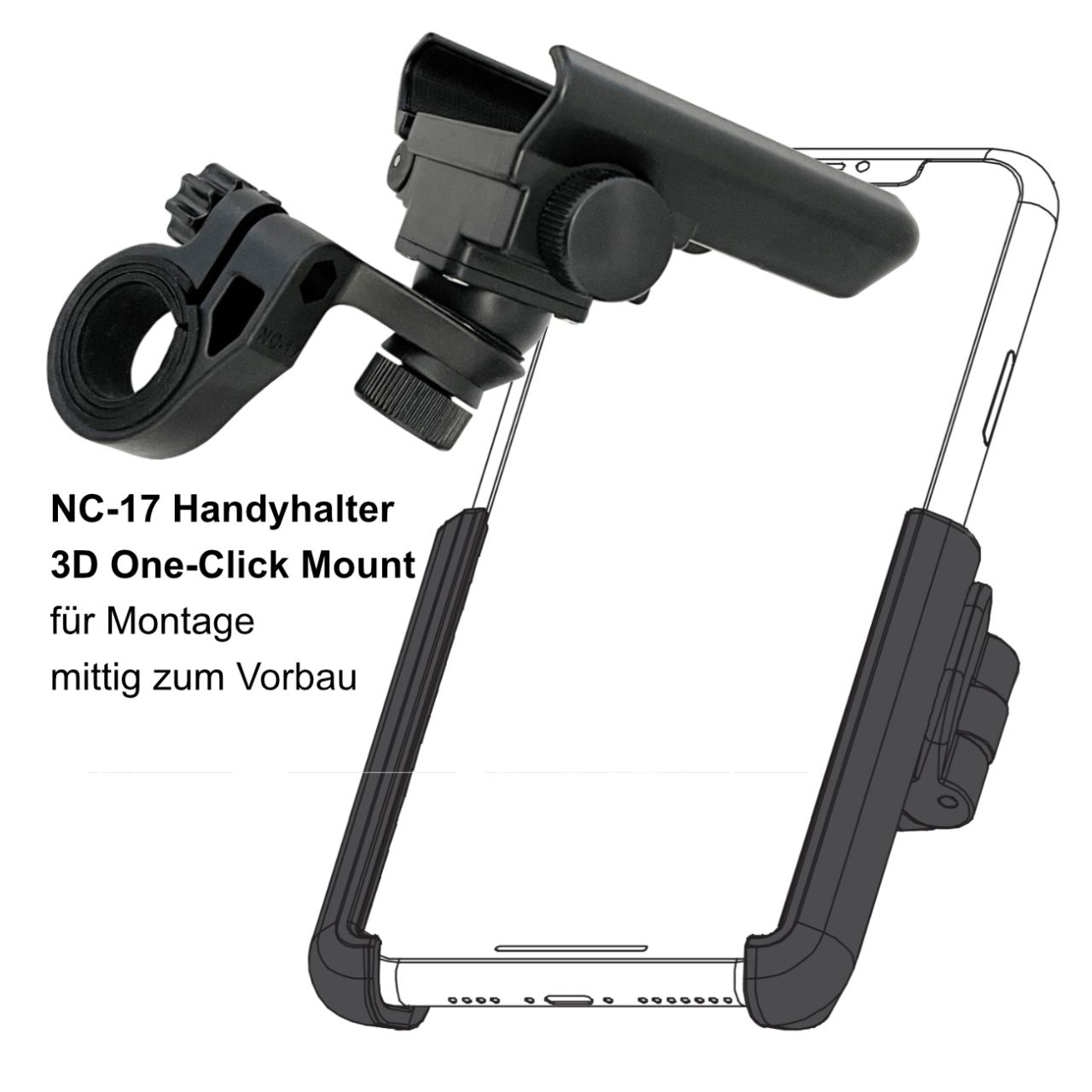 NC-17 Connect 3D One Click Mount Universal Handyhalter Montage Vorbau mittig schwarz