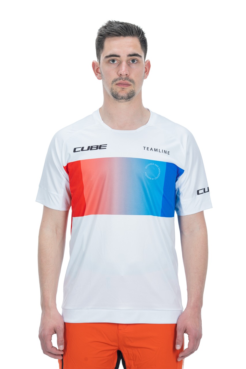 Cube Teamline Rundhals Fahrrad Trikot kurz weiß/blau/rot 2026